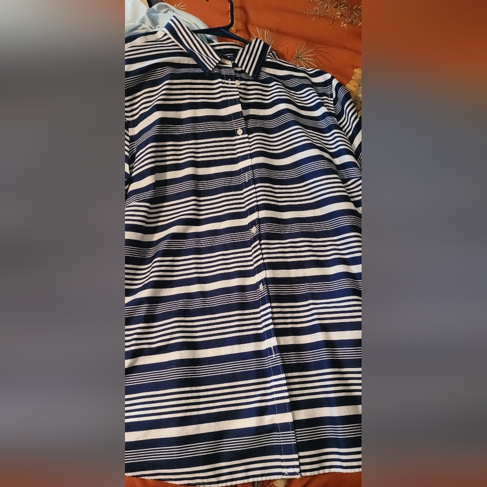 Chaps Navy and White Striped Blouse